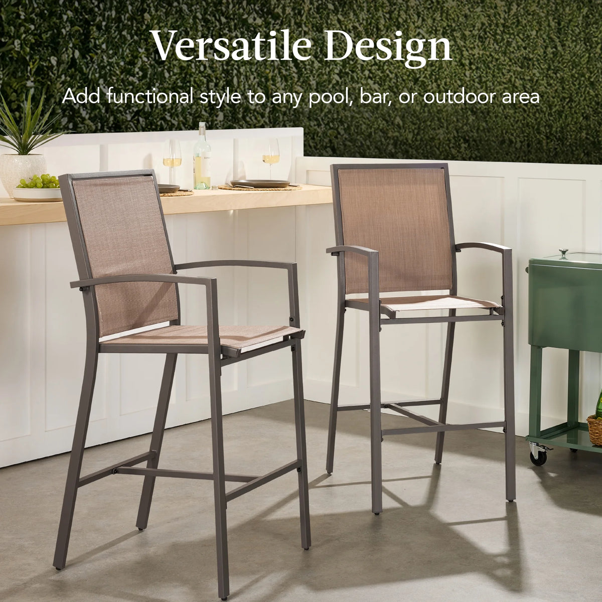 Best Choice Products Outdoor Barstools Set of 2, Bar Height Patio Chairs w/ All-Weather Mesh - Black/Black