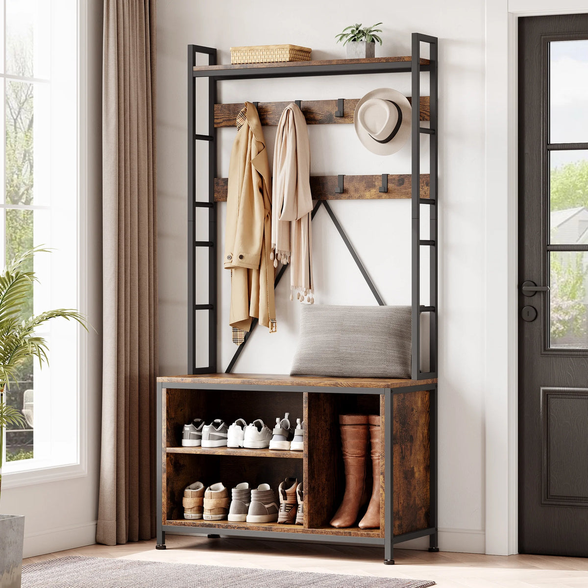 Hall Tree with Bench 36.41" Coat Rack Freestanding 5 in 1 Industrial Shoe Bench with 3 Storage Cubbies and 8 Hooks Entryway Coat Rack with Shoe Storage, Brown