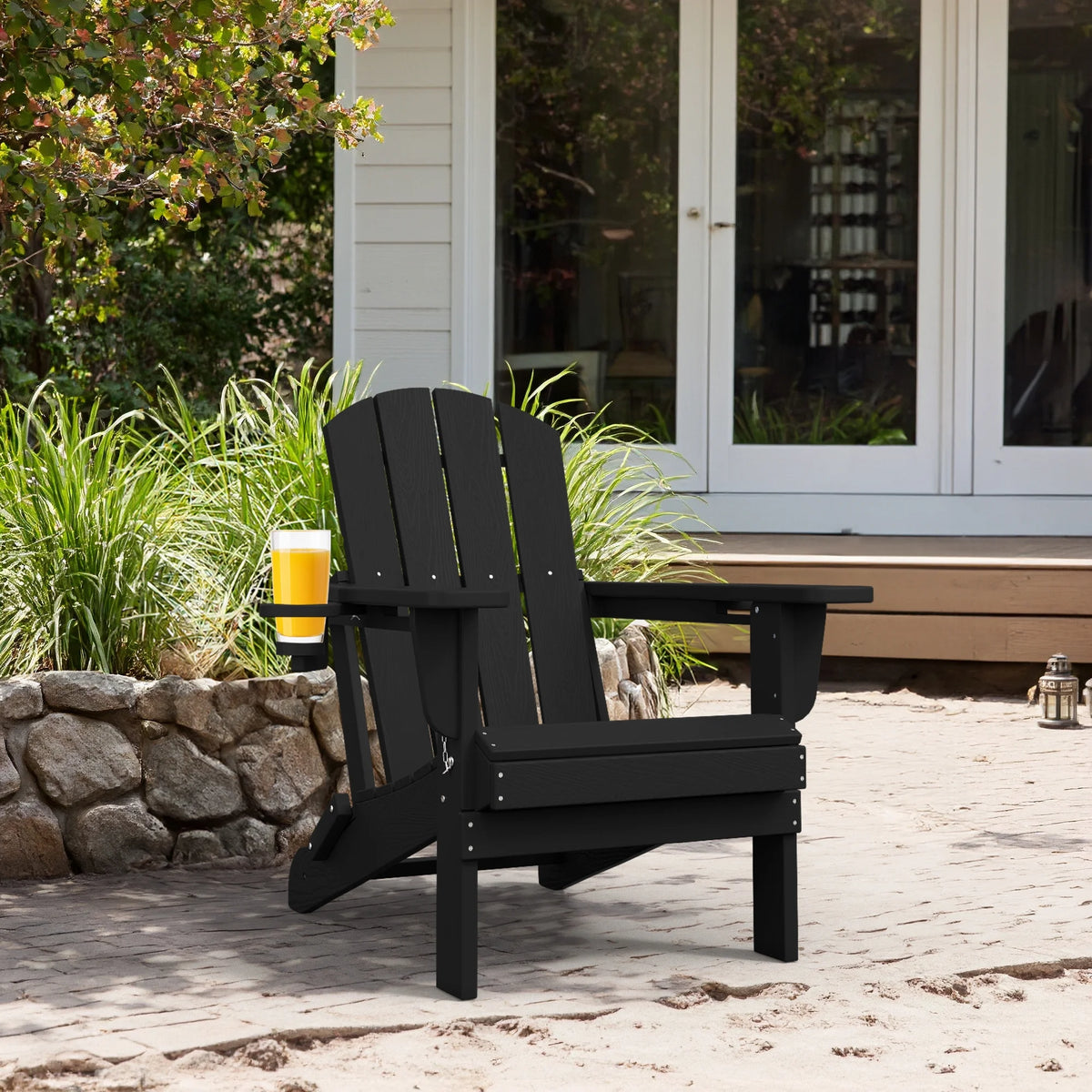 SERWALL Folding Adirondack Chair Set with Dual Cup Holders & Phone Holder, All-Weather HDPE Fire Pit Chairs for Outdoor, Patio, Poolside, Garden - Black