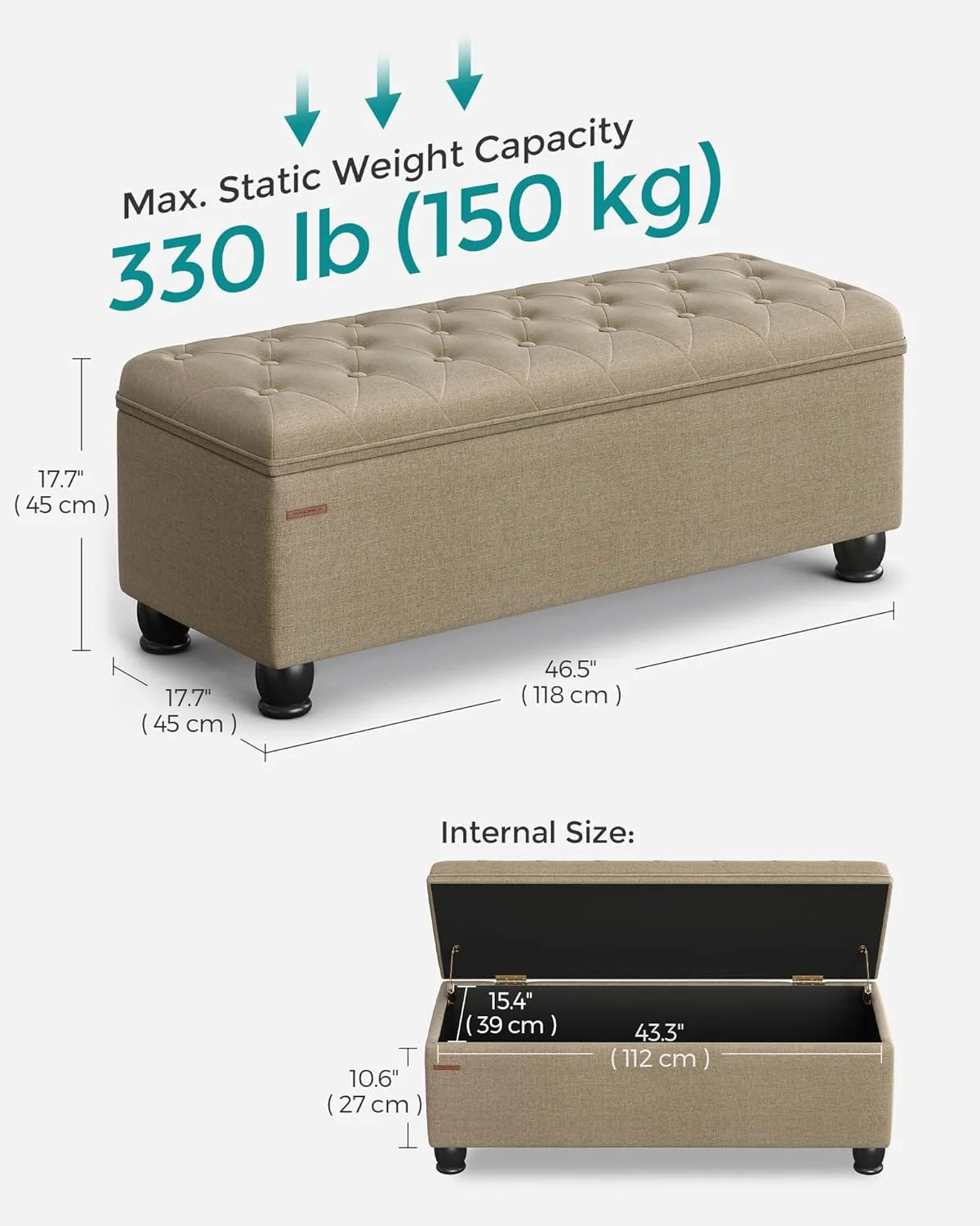 SONGMICS 46.5" Storage Ottoman Bench Storage Bench Bedroom Bench 330lb Load Capacity Solid Wood Legs Light Gray