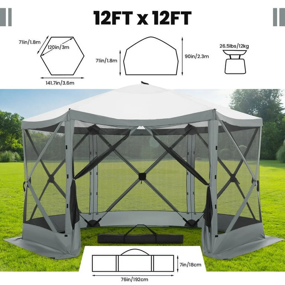 SANOPY 12'x12' Gazebo Outdoor Pop up Gazebo Screen Tent with 6 Sides Mosquito Netting Camping Gazebo Instant Shelter Glamping Tent with Carry bag, Ground Spike, Gray