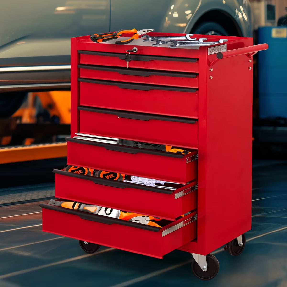 Seizeen Rolling Tool Chest on Wheels, Metal Tool Cart Toolbox Storage Cabinet Organizer W/ 7 Drawers, Red