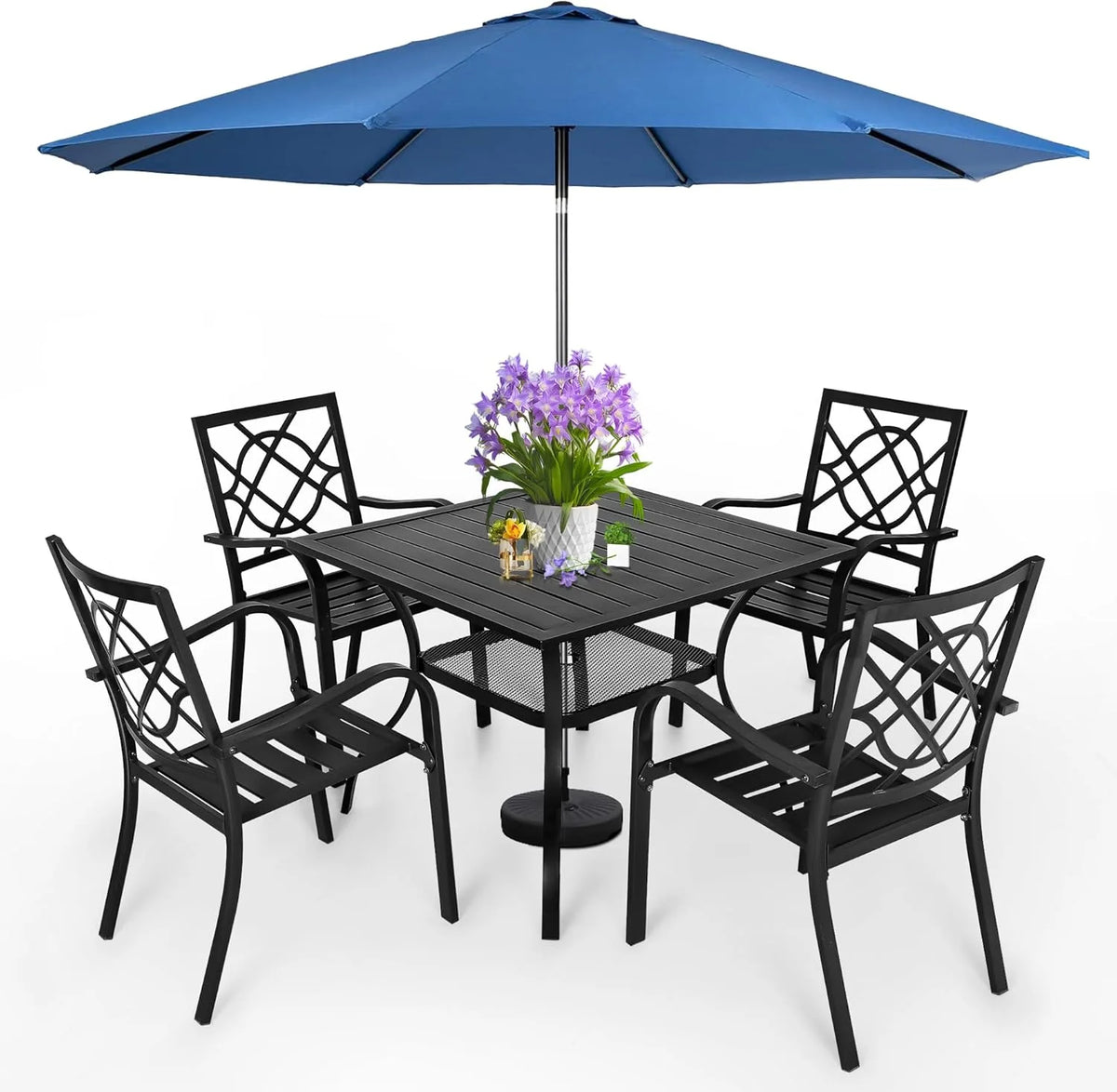 SUNCROWN 5-Piece Outdoor Wrought Iron Chairs and Table Patio Dining Furniture Set - 4 Stackable Metal Chairs, 1 Steel Slat Bistro Table and 1 Sky Blue 9Ft Patio Umbrella for Garden Backyard Deck