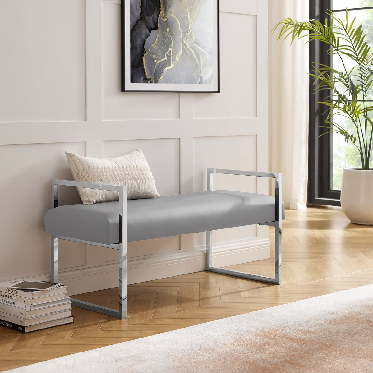 Madisen Velvet Bench with Gold Frame, Navy