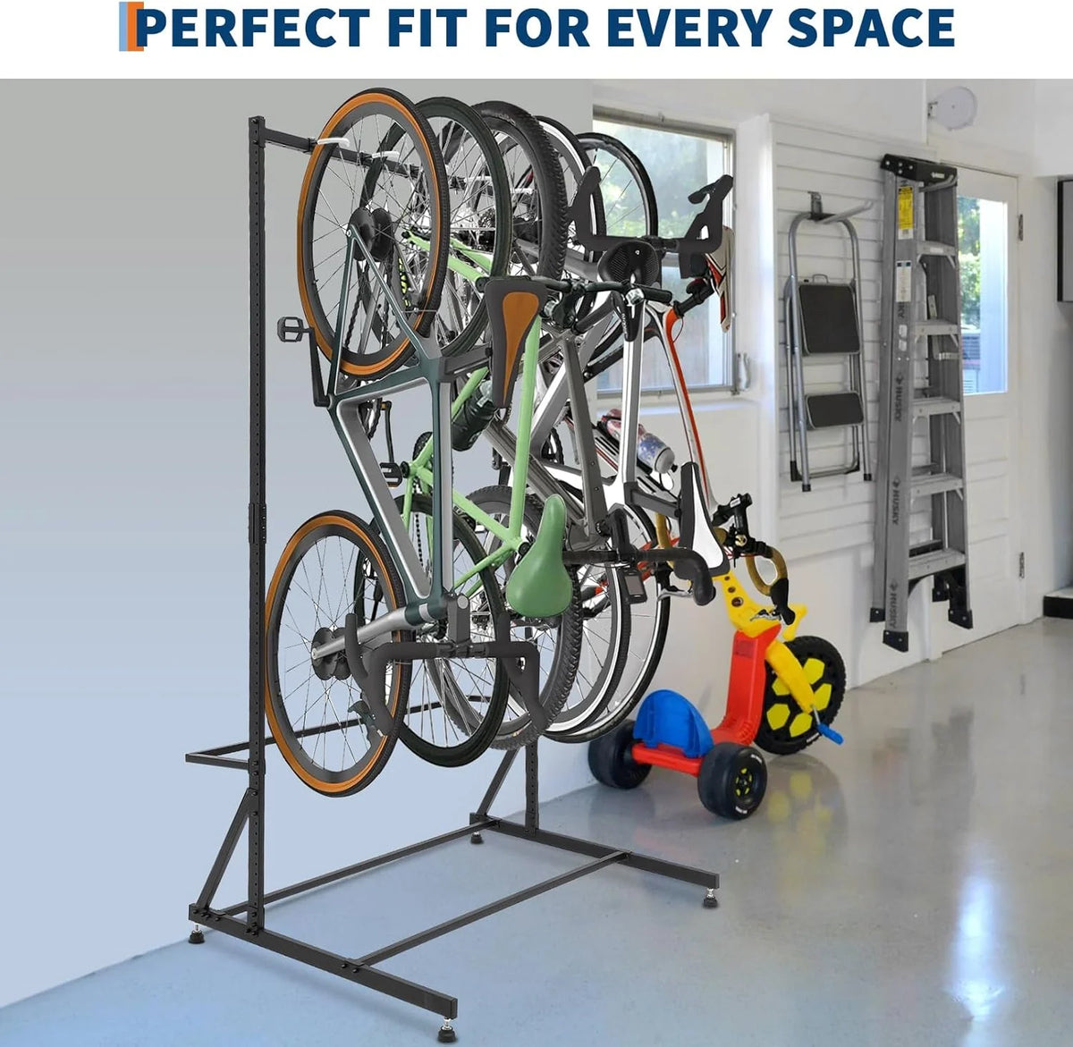 Floor Bike Rack Garage Free Standing with 5 Hooks,Vertical Bike Stand Bicycle Storage,Bike Hangers for Garage Indoor Use for 5 Bicycles, Metal Floor Mount,Up to 300lbs,46in W,Adjustable Height