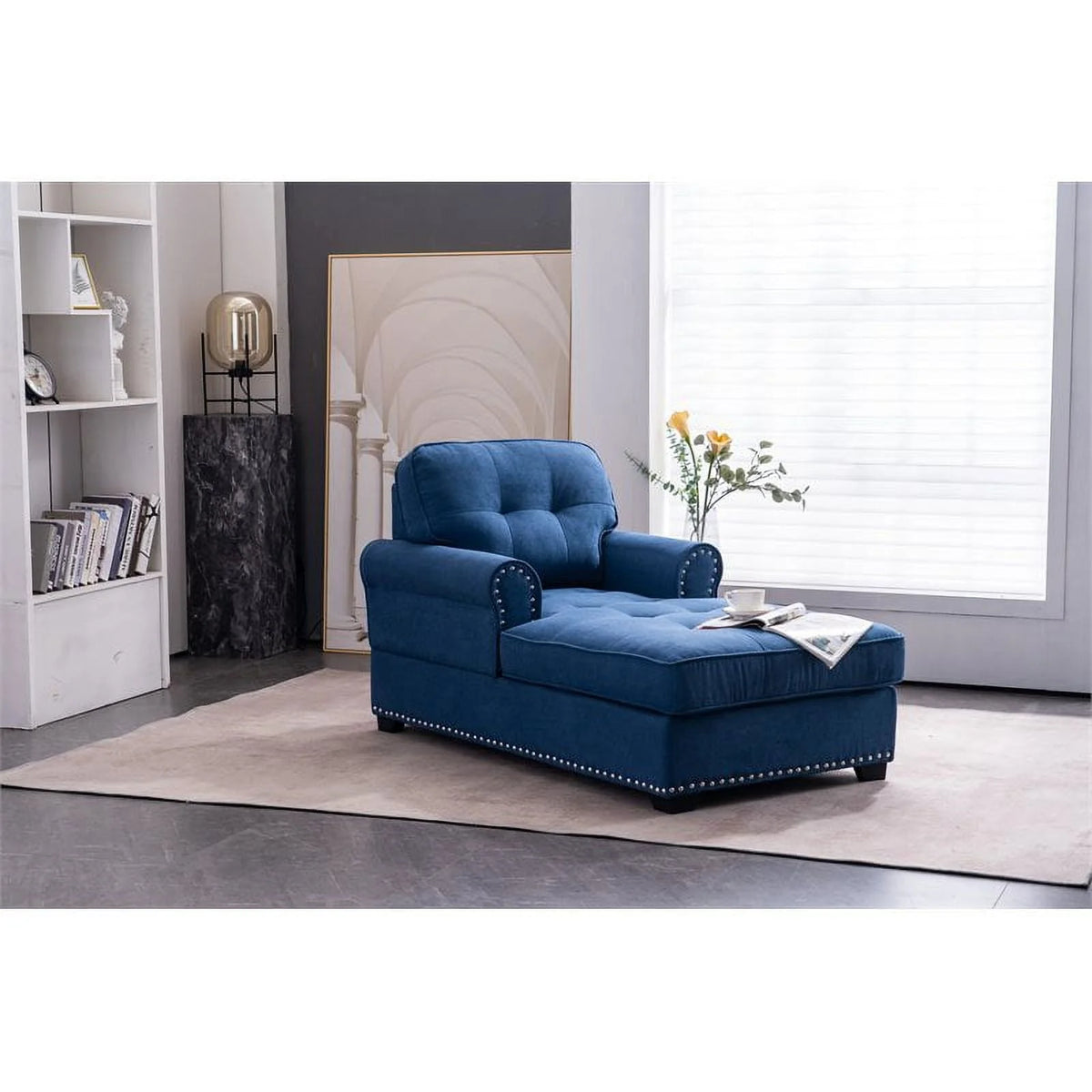 Alexent Calma Modern Linen Fabric Indoor Chaise Lounge in Blue