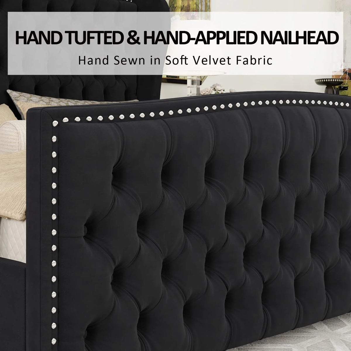 VANACC Queen Size Bed Frame, Velvet Upholstered Bed with Deep Button Tufted Wingback Headboard��Grey
