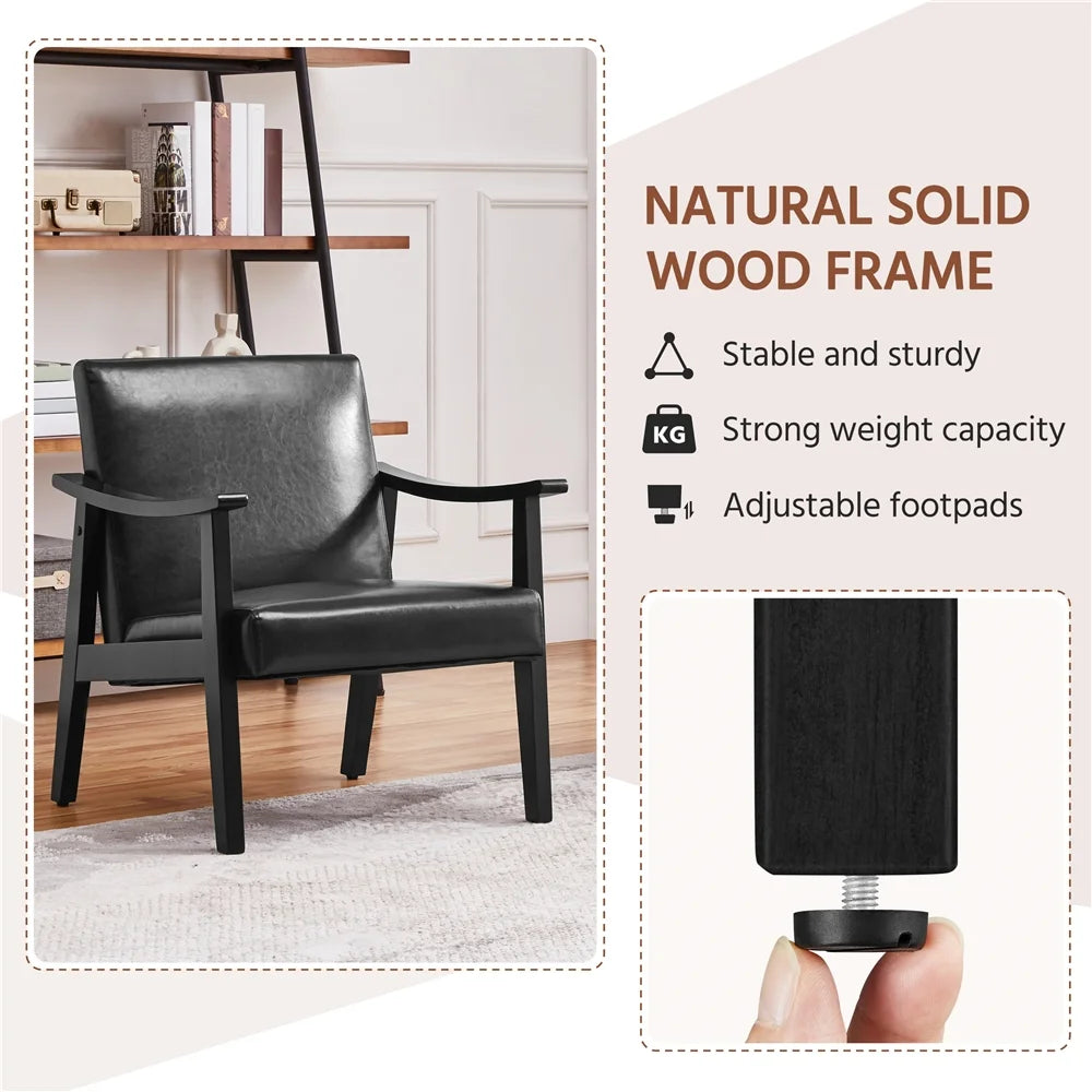 Yaheetech Mid-Century Upholstered Faux Leather Armchair with Solid Wood Legs,Brown