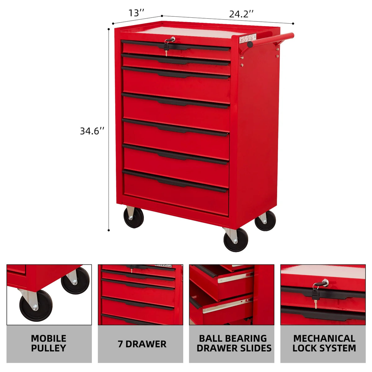 Seizeen Rolling Tool Chest on Wheels, Metal Tool Cart Toolbox Storage Cabinet Organizer W/ 7 Drawers, Red