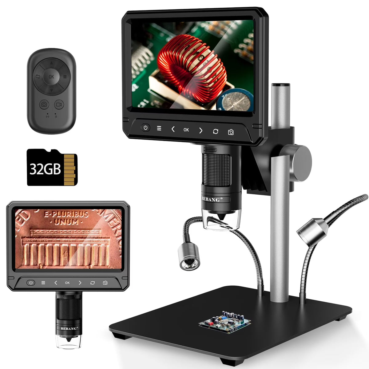 BEBANG 7" Coin Microscopefor Adults Kids, 1200X LCD Digital Microscope with 10 LED Lights, PC View