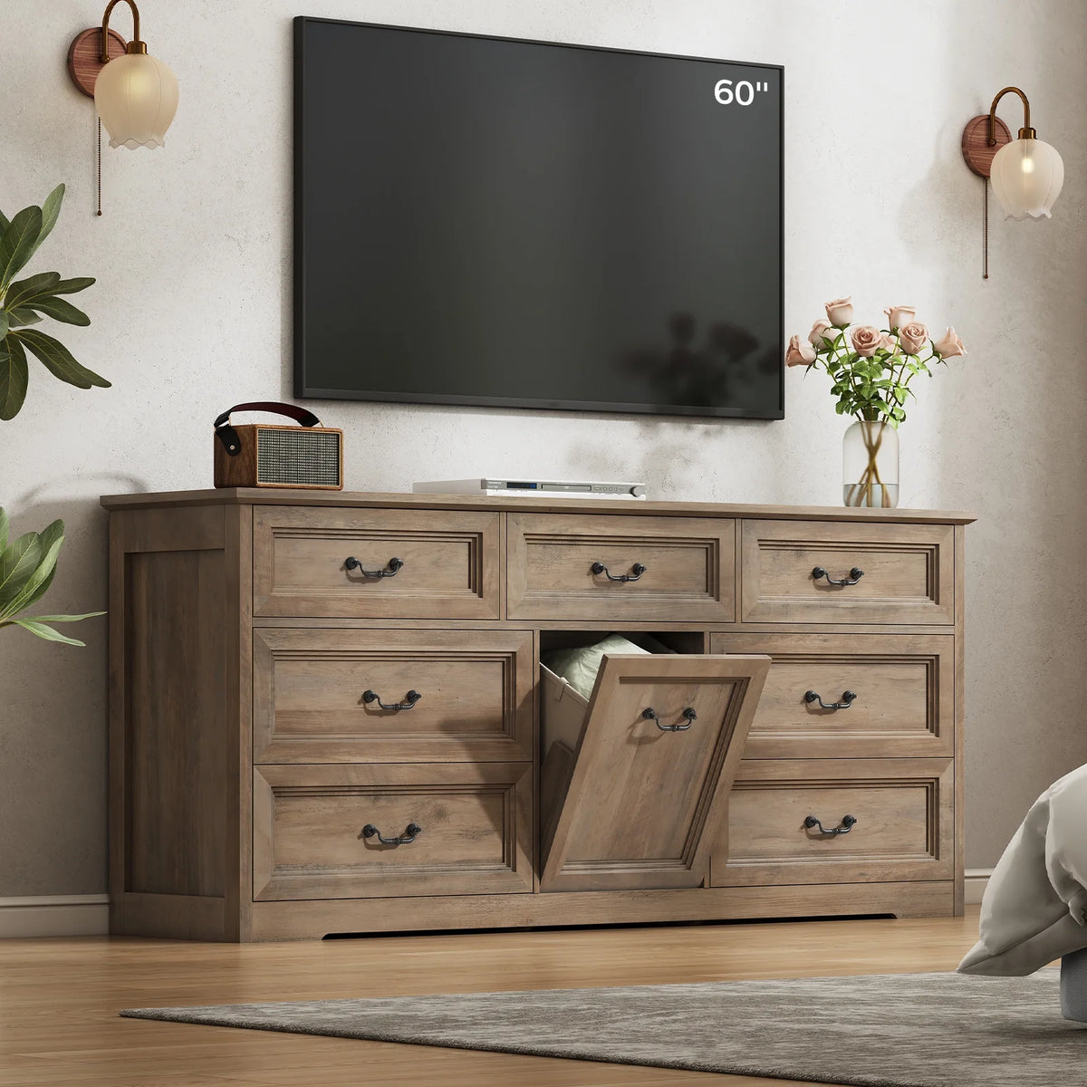 63" Wide Farmhouse 7-Drawer Dresser with 2 Laundry Hamper for Bedroom,Chest of Drawers, Gray Finish, Vintage Black Handles, Living Room Storage Cabinet,Gray