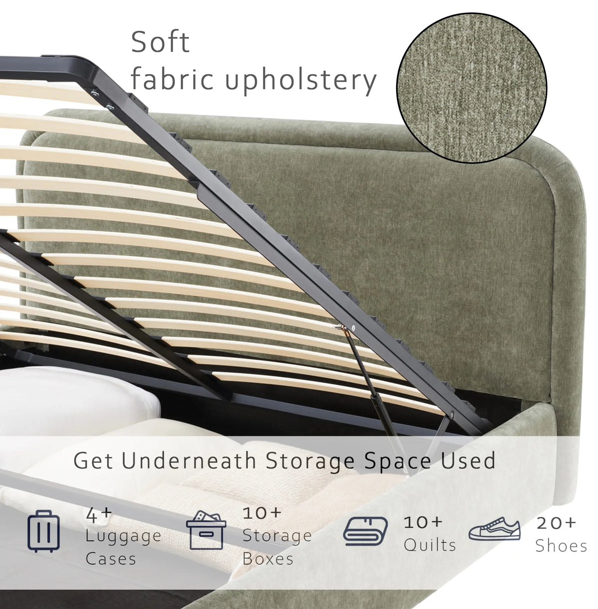 Modern Upholstered Platform Bed with Lift-Up Storage, Headboard, Wood Slats, Noise-Free