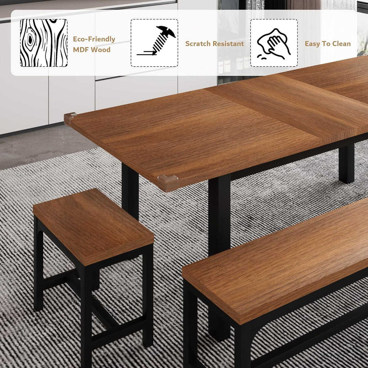 iPormis 5-Piece Dining Table Set for 4-8 People, Extendable Kitchen Table Set with 2 Benches and 2 Square Stools, Black