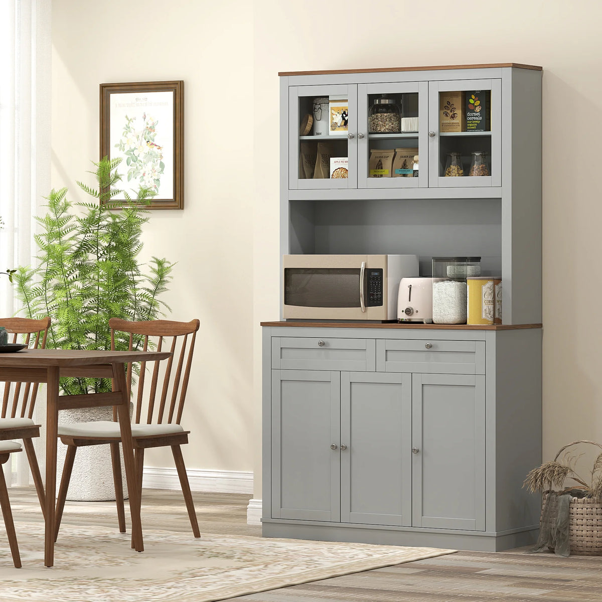HOMCOM 71" Tall Kitchen Pantry Storage Cabinet with Microwave Stand, Gray
