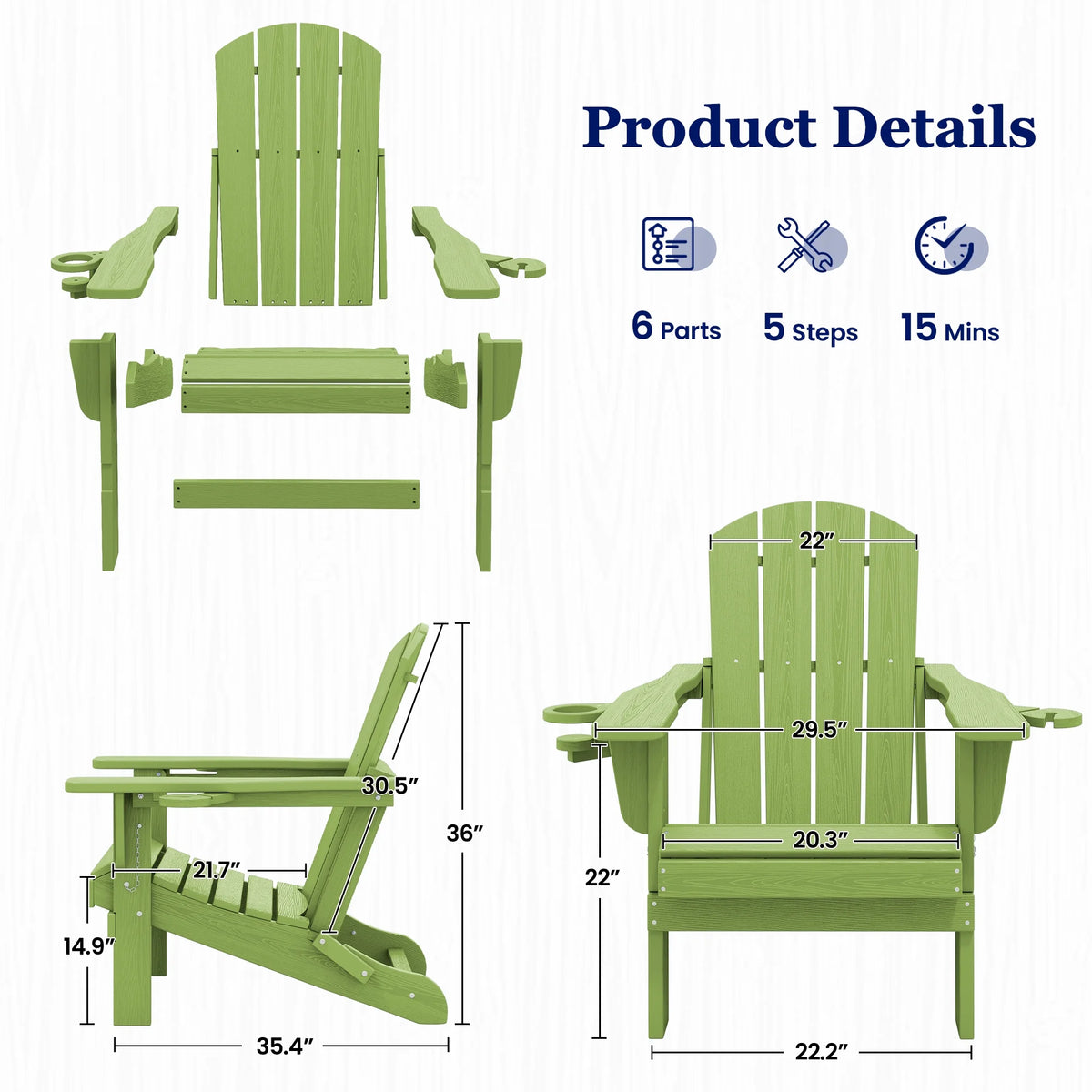 SERWALL Folding Adirondack Chair Set with Dual Cup Holders & Phone Holder, All-Weather HDPE Fire Pit Chairs for Outdoor, Patio, Poolside, Garden - Black
