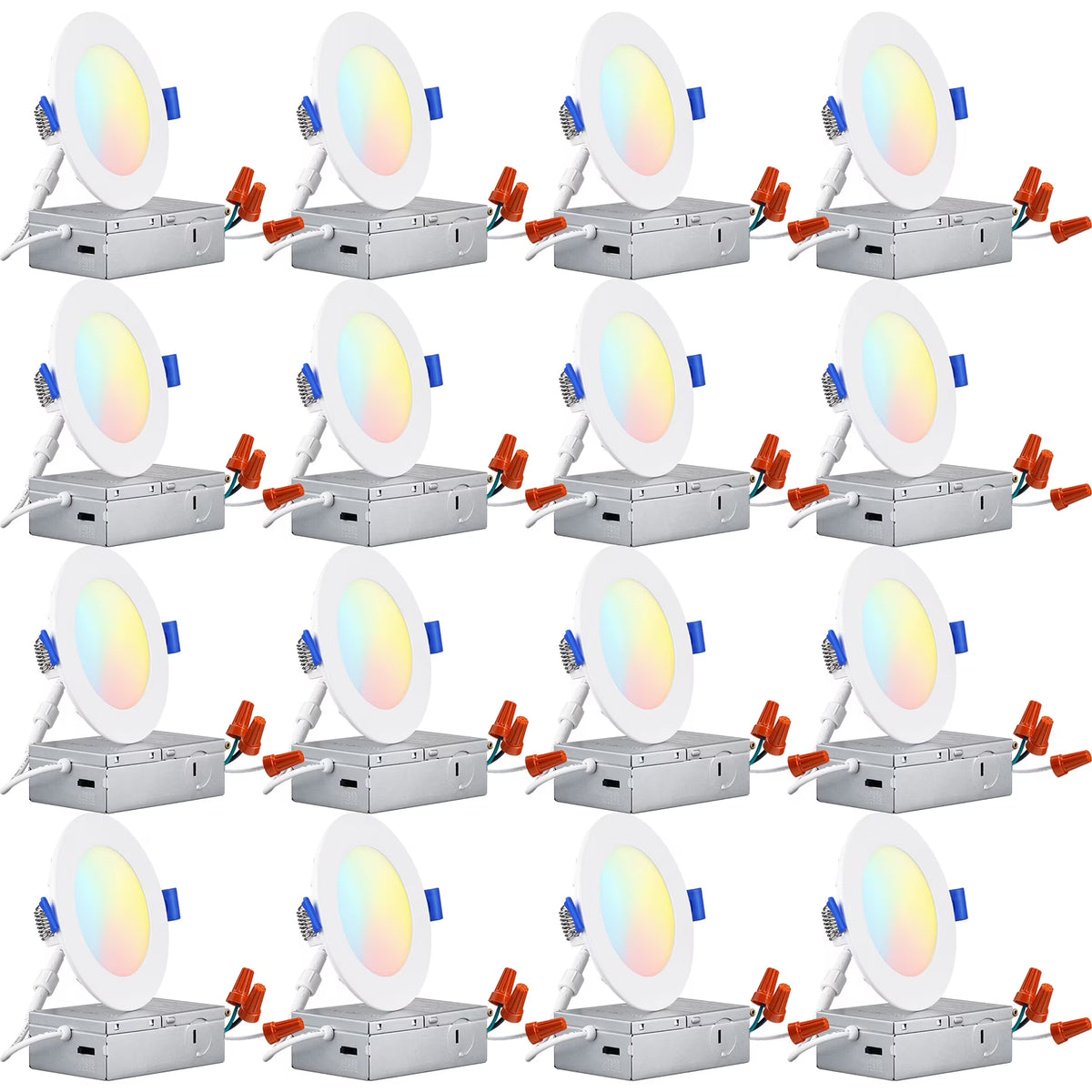 16 Pack 4" 5CCT Dimmable LED Recessed Light with J-Box, 2700K/3000K/3500K/4000K/5000K Selectable, 10W LED Downlight, Aluminum