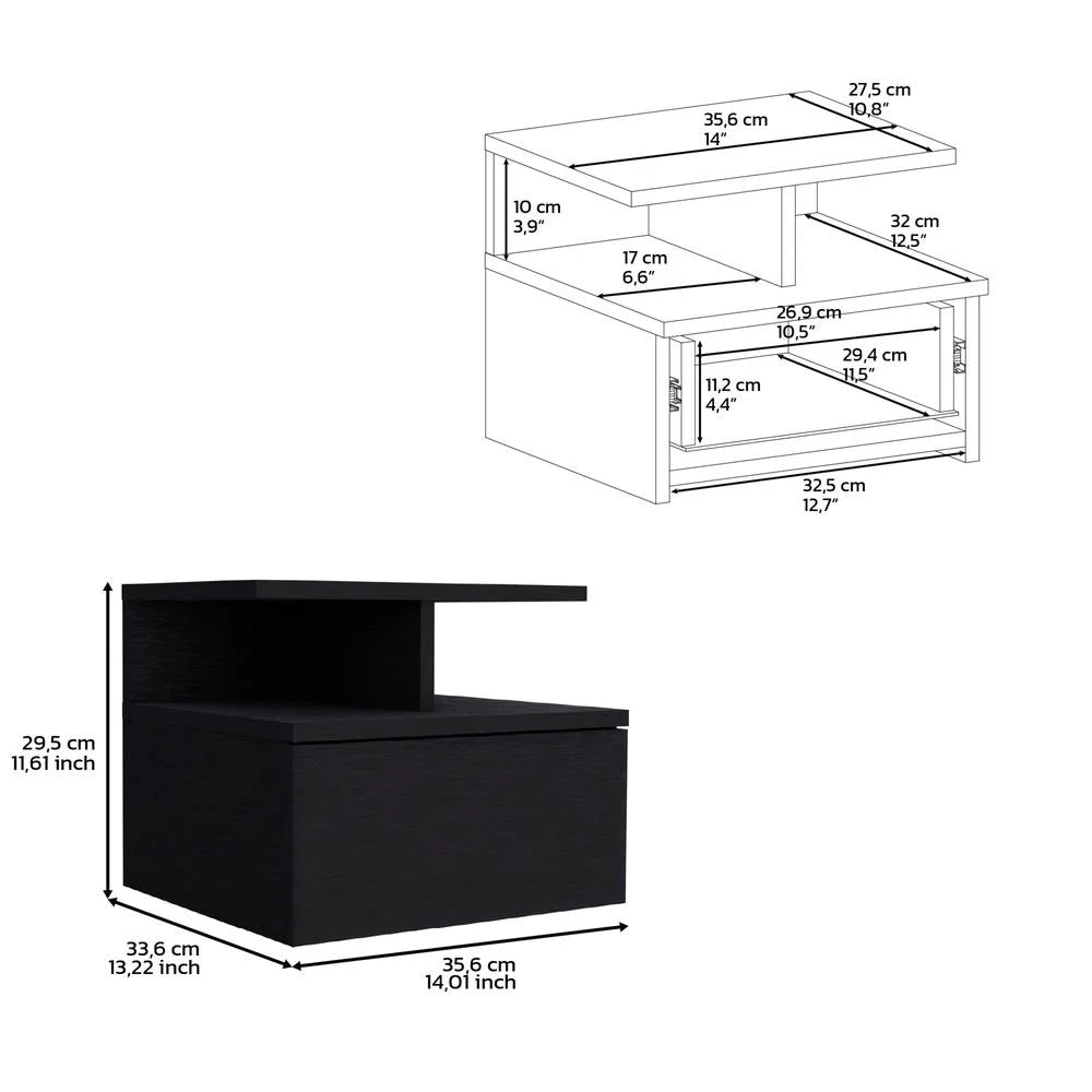 DEPOT E-SHOP Seward Floating Nightstand, Wall Mounted with Single Drawer and 2-Tier Shelf, White