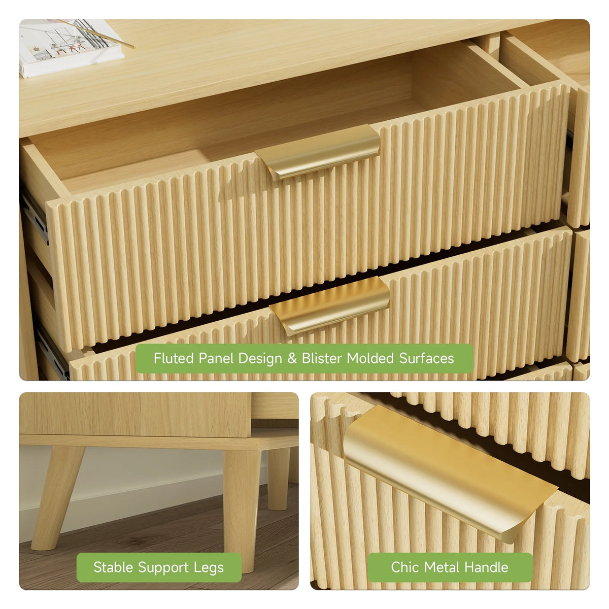 Planntonneo Boho Fluted 6 Drawer Dresser, Wooden Chests for Bedroom