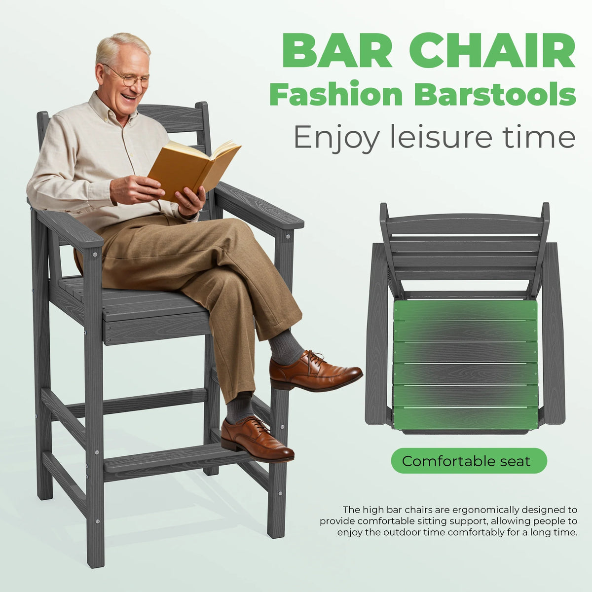 SERWALL Tall Adirondack Chairs and Table 3 Pieces Set, Adirondack Bar Height Chairs Set of 2 and Bar Table, Outdoor Barstools Set for Balcony, Poolside, Backyard, Grey