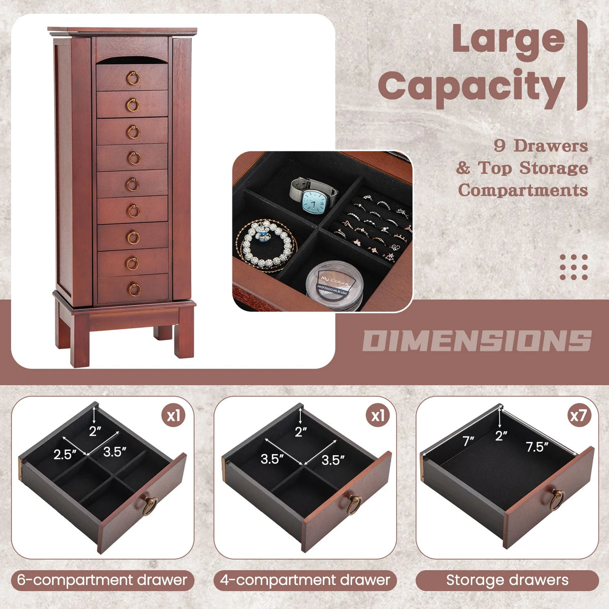 Costway Wood Jewelry Cabinet Armoire Storage Box Chest Stand Organizer Indoor Bedroom