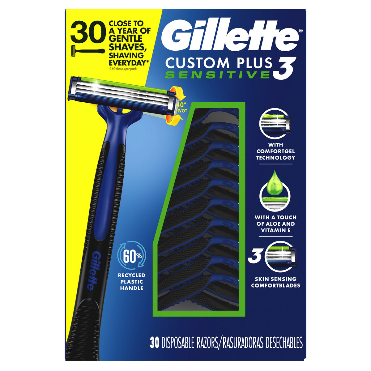 Gillette Custom Plus3 Disposable Razors Sensitive, 30-count