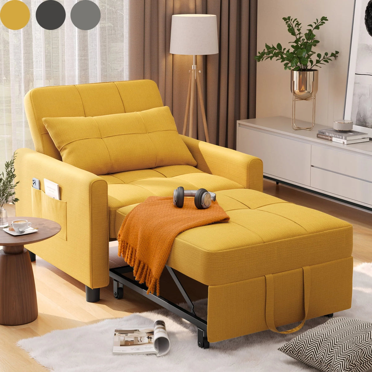 Chair Bed, Lofka Single Recliner Convertible Sofa Bed, 400lbs, Yellow