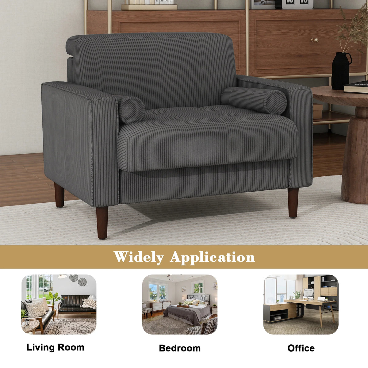 UIXE Corduroy Accent Chair Modern Upholstered Arm Chairs Comfy Reading Armchair with Pillow Armrest Tufted Living Room Single Sofa Lounge Seat, Yellow