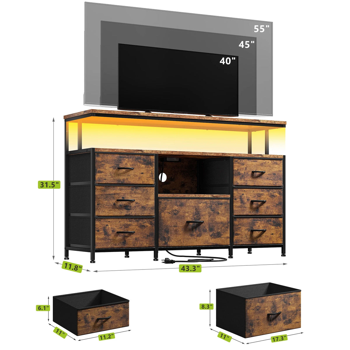 EnHomee Dressers for bedroom TV Stand with Power Outlets &LED Lights Wide Dresser with 10 Drawers&Side Pockets & Hook Fabric Chest of Drawers,Black