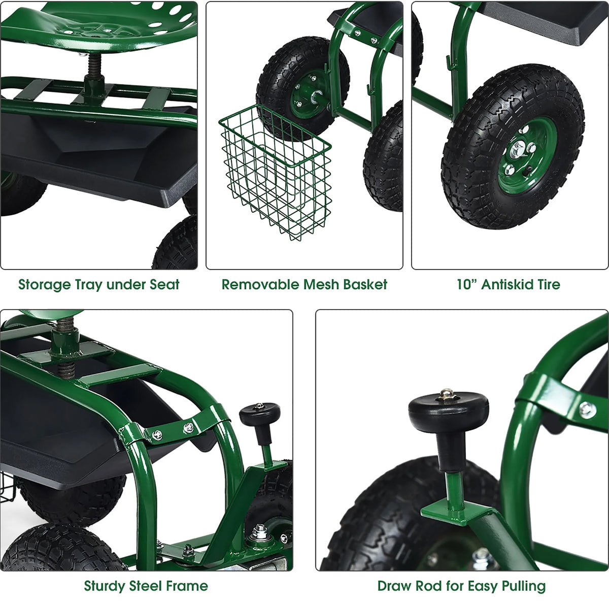 Costway Garden Cart Rolling Work Seat w/ Tool Tray Basket Green