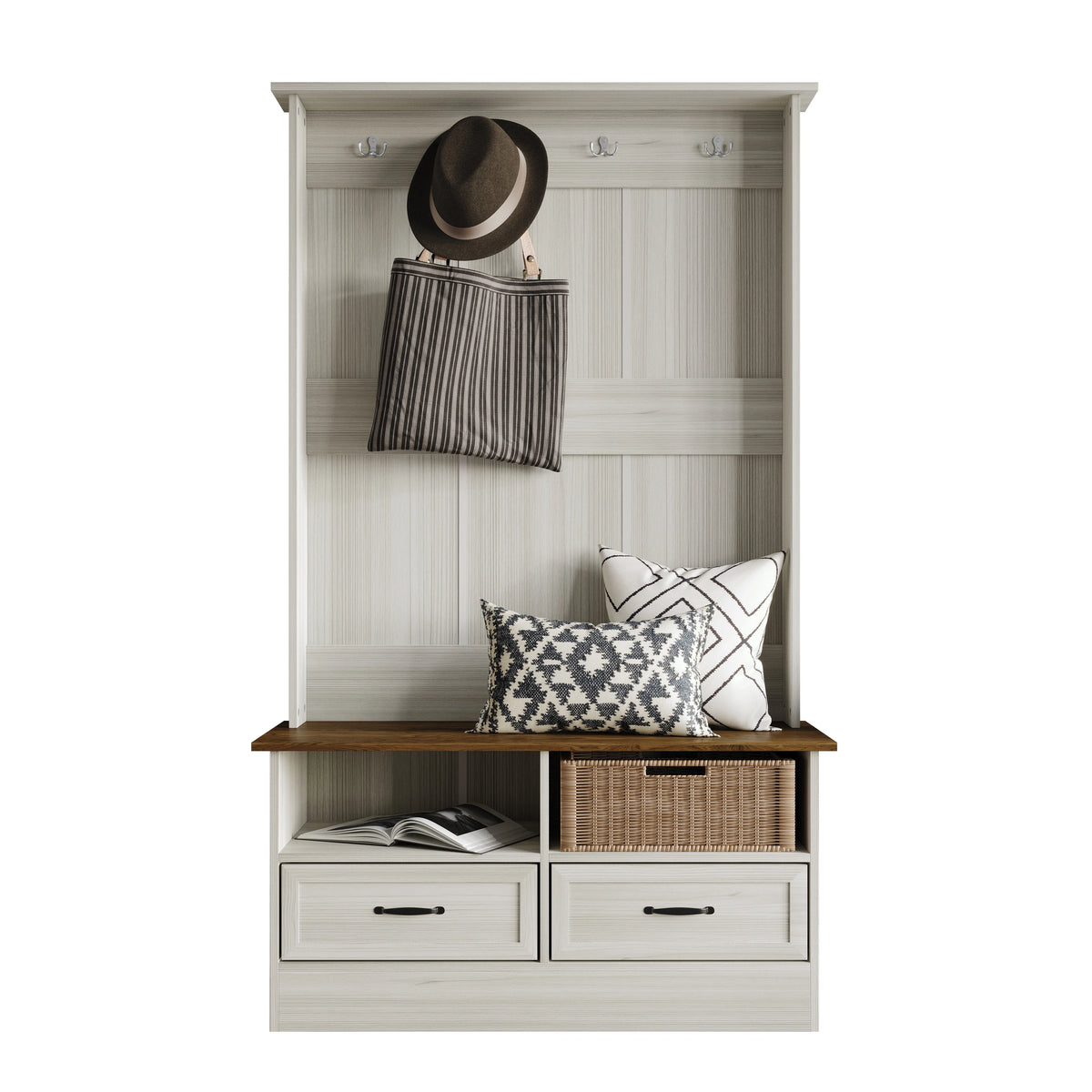 Castle Place Contemporary Hall Tree with Storage Cabinet, White