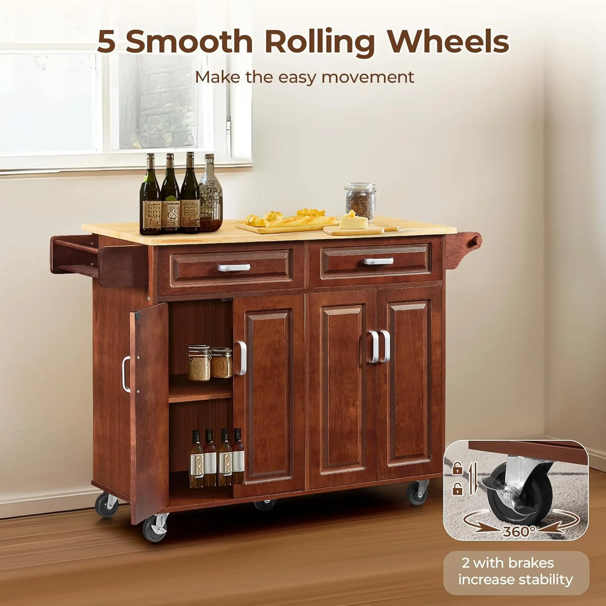 ZIVACATE Rolling Kitchen Island with Drop Leaf and Storage Large 53 in Movable Kitchen Carts White
