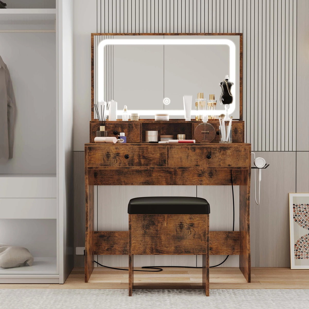 LIKIMIO Vanity Desk with LED  Mirror, Bedroom Makeup Table with 4 Drawers, Storage Stool, White
