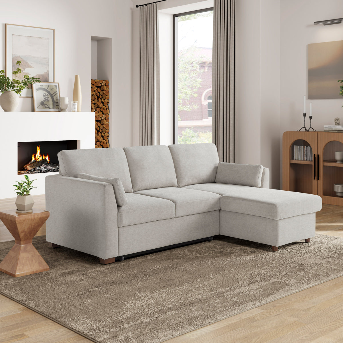Coddle Luke Fabric Sleeper Sofa with Reversible Chaise and Storage, Beige