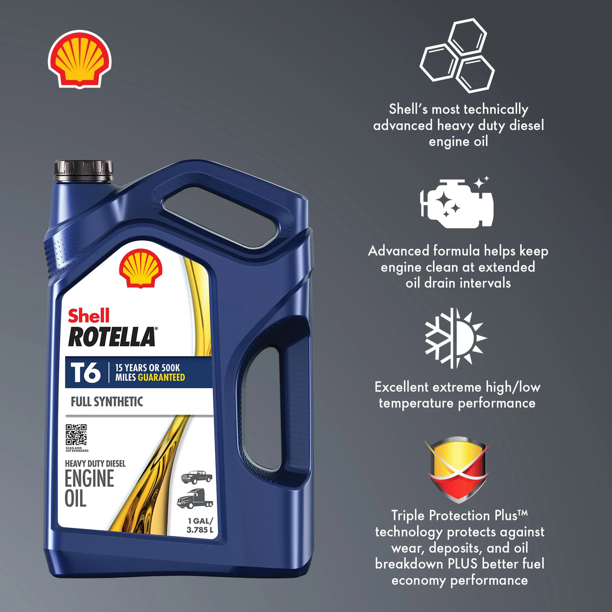 (3 pack) Shell Rotella T6 Full Synthetic 15W-40 Motor Oil, 1 Gallon (3 Pack)