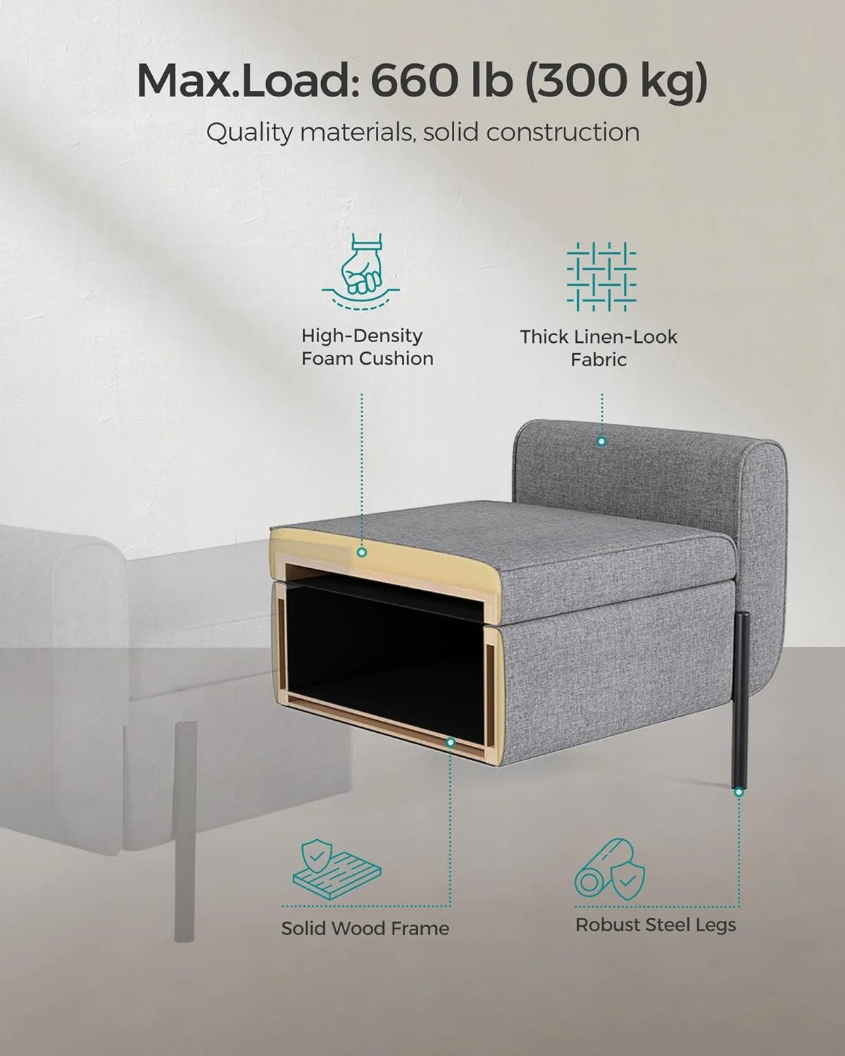 SONGMICS 46.5" Storage Ottoman Bench Storage Bench Bedroom Bench 330lb Load Capacity Solid Wood Legs Light Gray