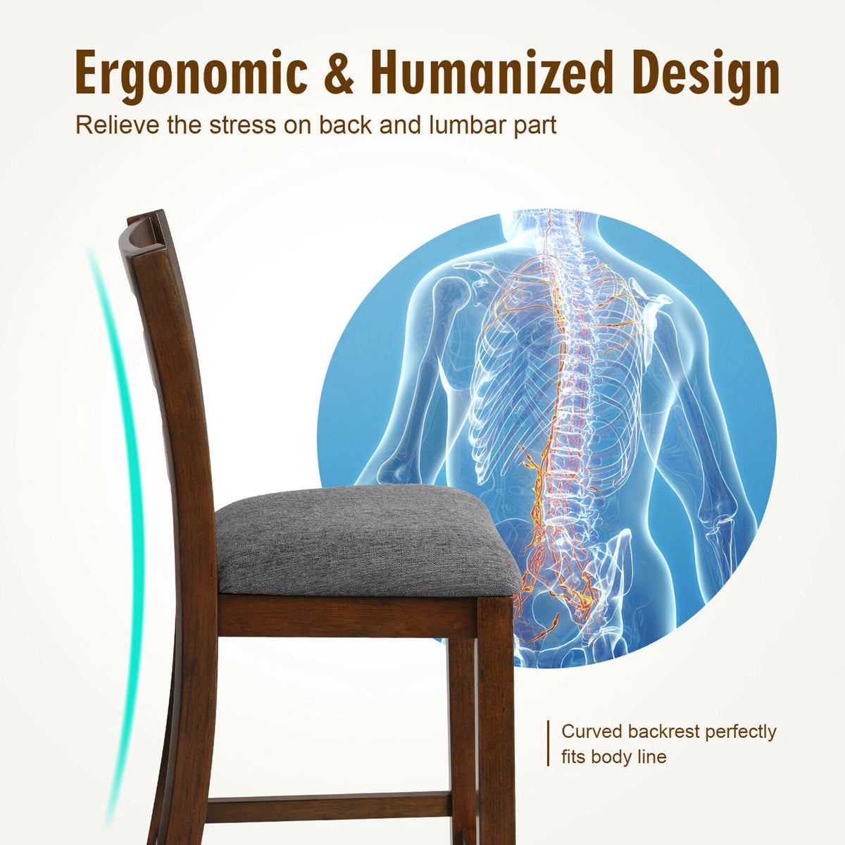 Gymax Set of 2 Barstools Counter Height Chairs w/Fabric Seat & Rubber Wood Legs