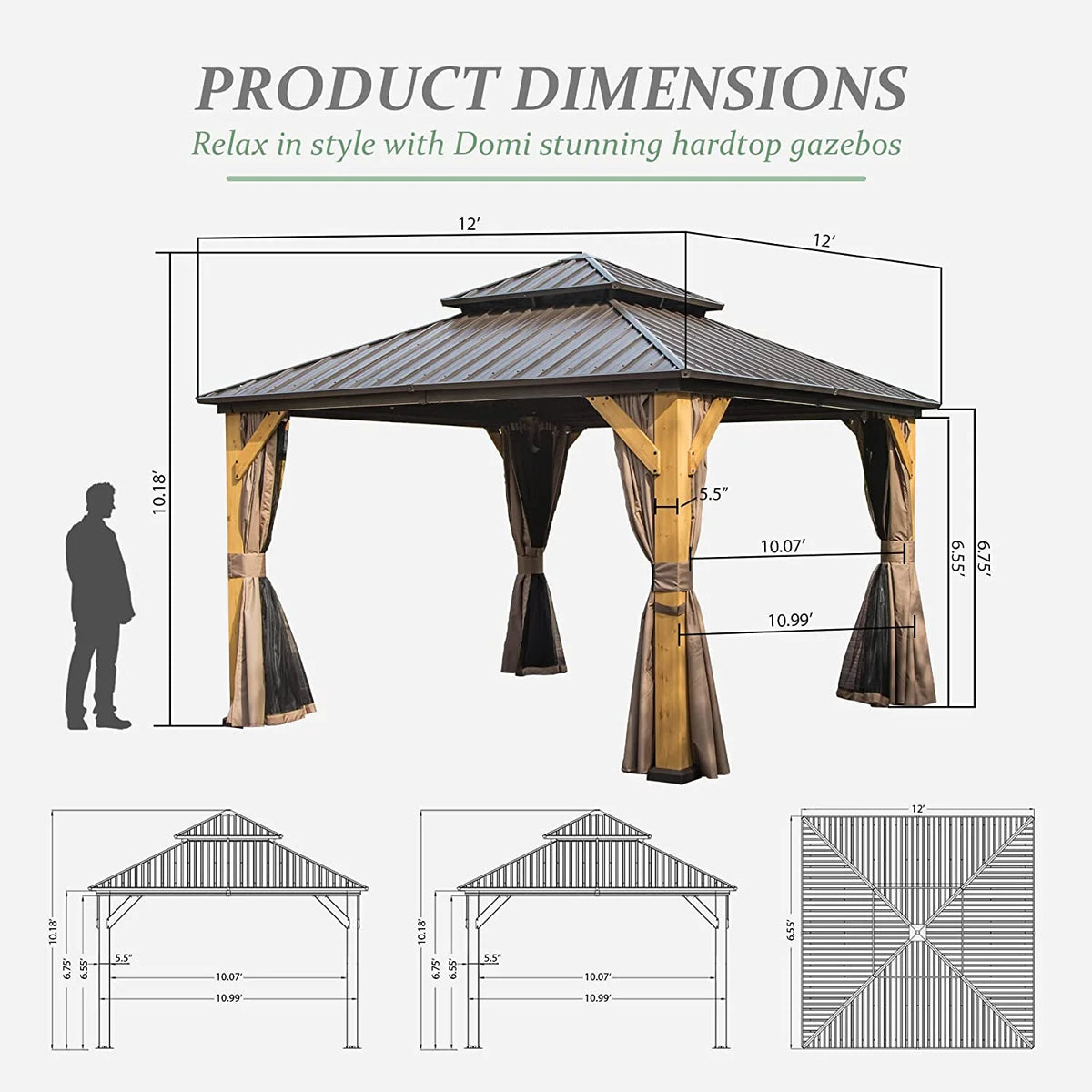 Domi 12x20 ft Wood Gazebo, Cedar Wood Frame Hardtop Gazebo with Galvanized Steel Double Roof, Outdoor Gazebo with Netting and Curtains, Patio Gazebo Pergola Pavilion for Patio, Backyard, Deck, Lawns