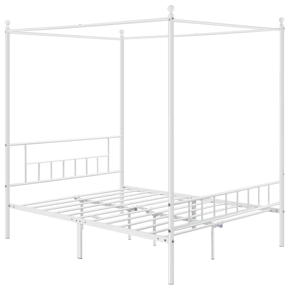 Yaheetech Metal Canopy Bed Frame, Four-poster Canopied Platform Bed with Headboard and Footboard, Queen, White