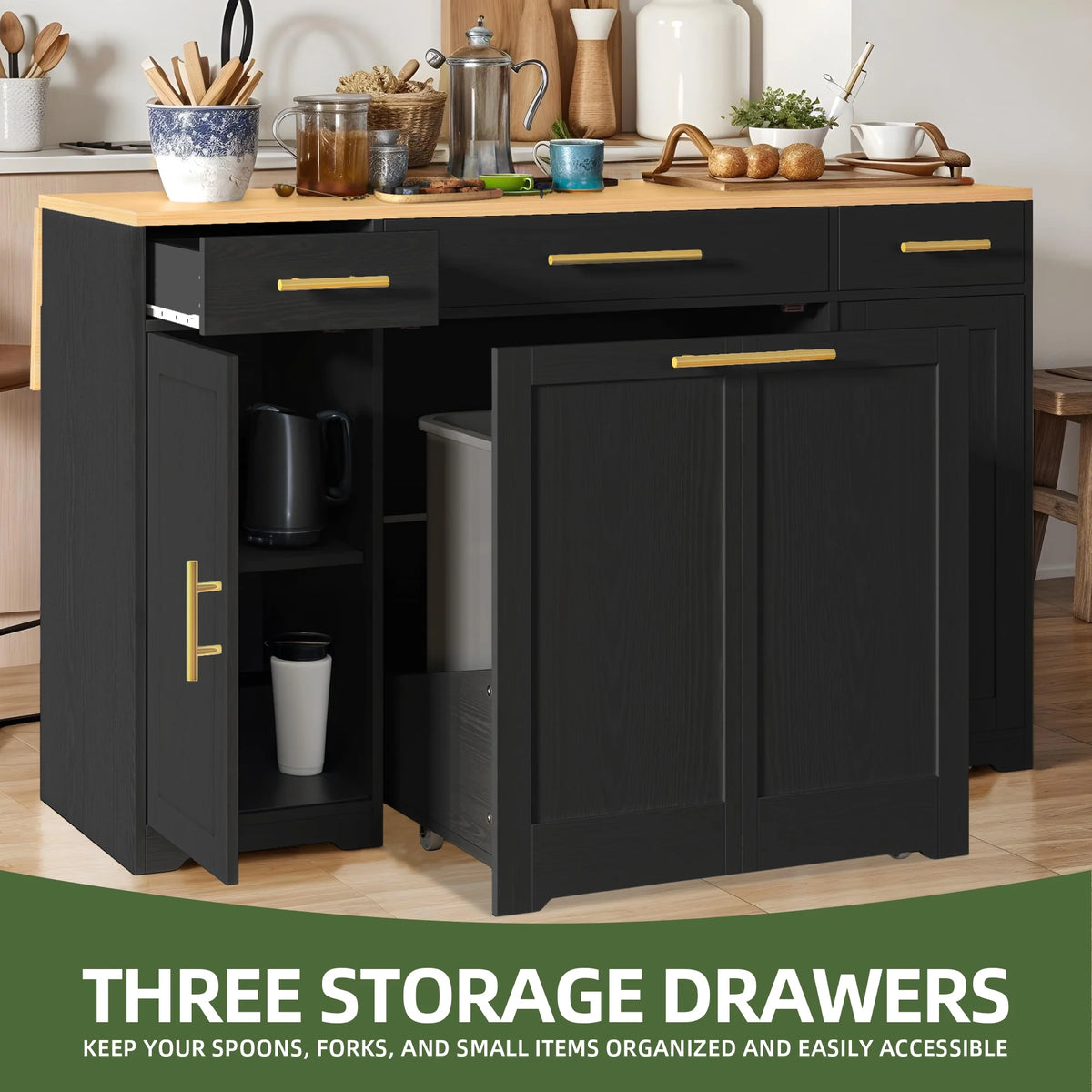 Uforic Kitchen Island with Drop Leaf & Wheels, Island Table with Trash Storage Cabinet, Black