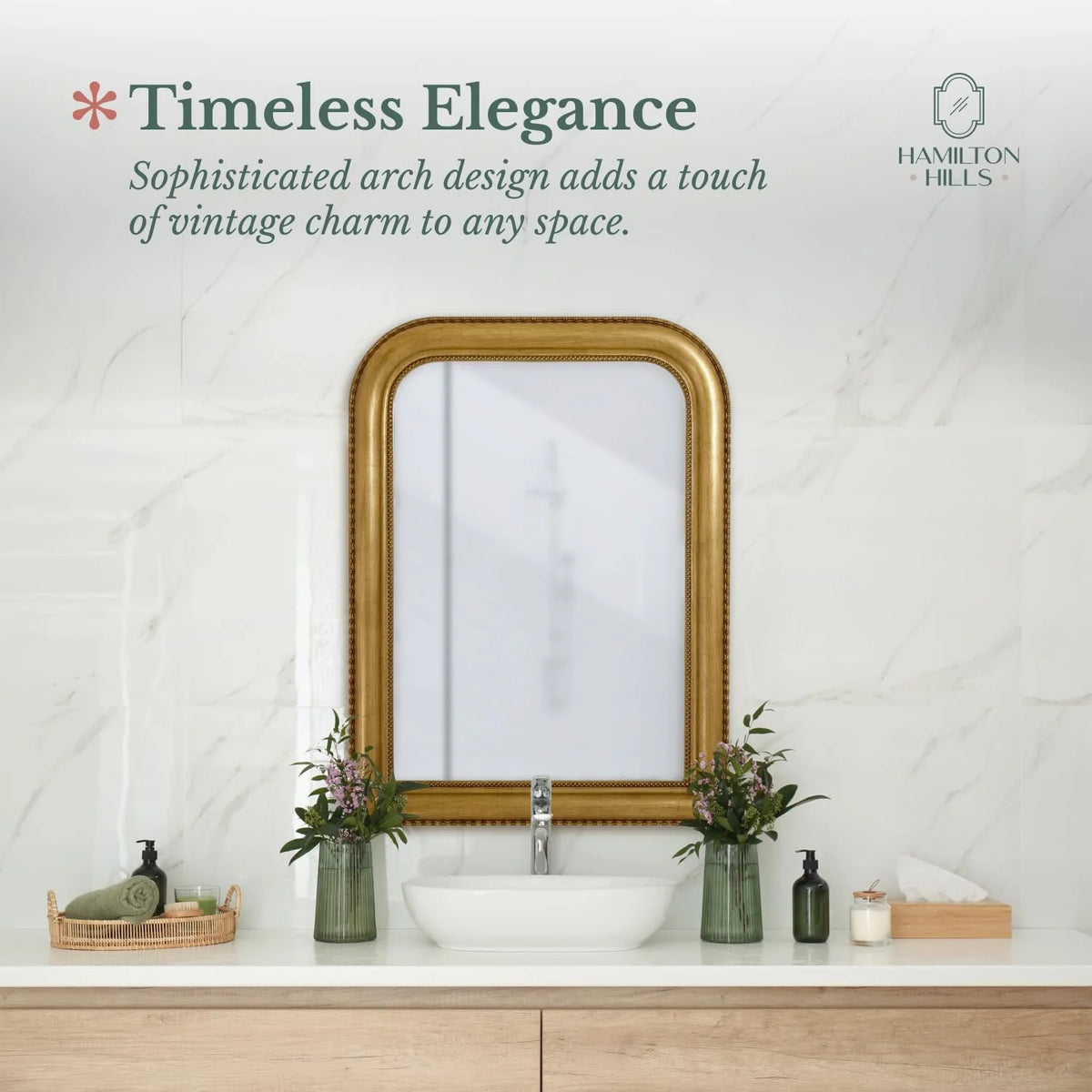 Hamilton Hills 36" x 24" Classic Gold Framed Polished Glass Top Round Corner Mirror - Thick Arched Top Rich Wall Mirror - Vanity for Bathroom Decor, Bedroom, Living Room - Hangs Horizontal or Vertica