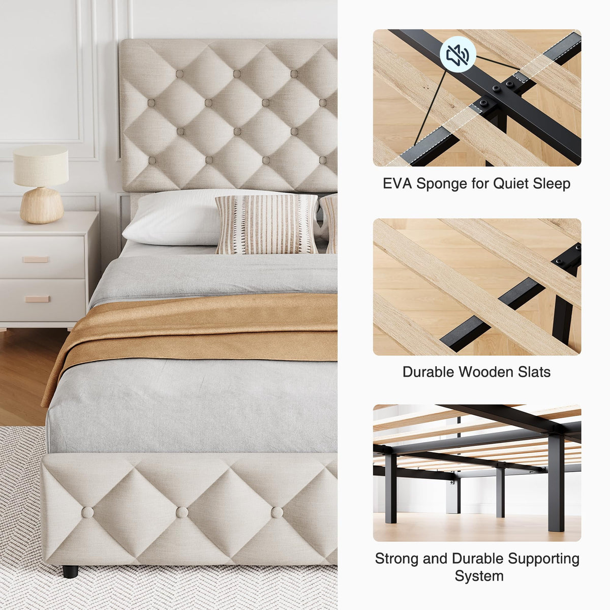 TROPOW Full Size Bed Frame,with 4 Storage Drawers and Adjustable Headboard, Linen Upholstered Platform Bed Frame, Diamond Stitched Button Tufted, No Box Spring Needed,White
