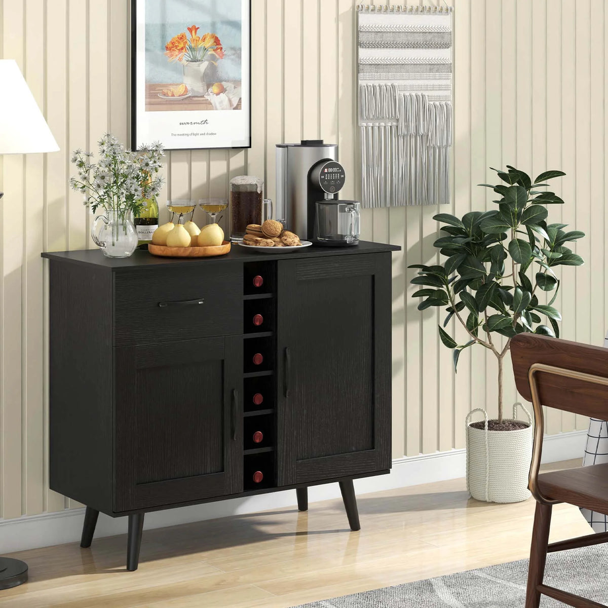 Costway 2-Door Wine Bar Cabinet Kitchen Sideboard Buffet with Drawer & Adjustable Shelves Natural
