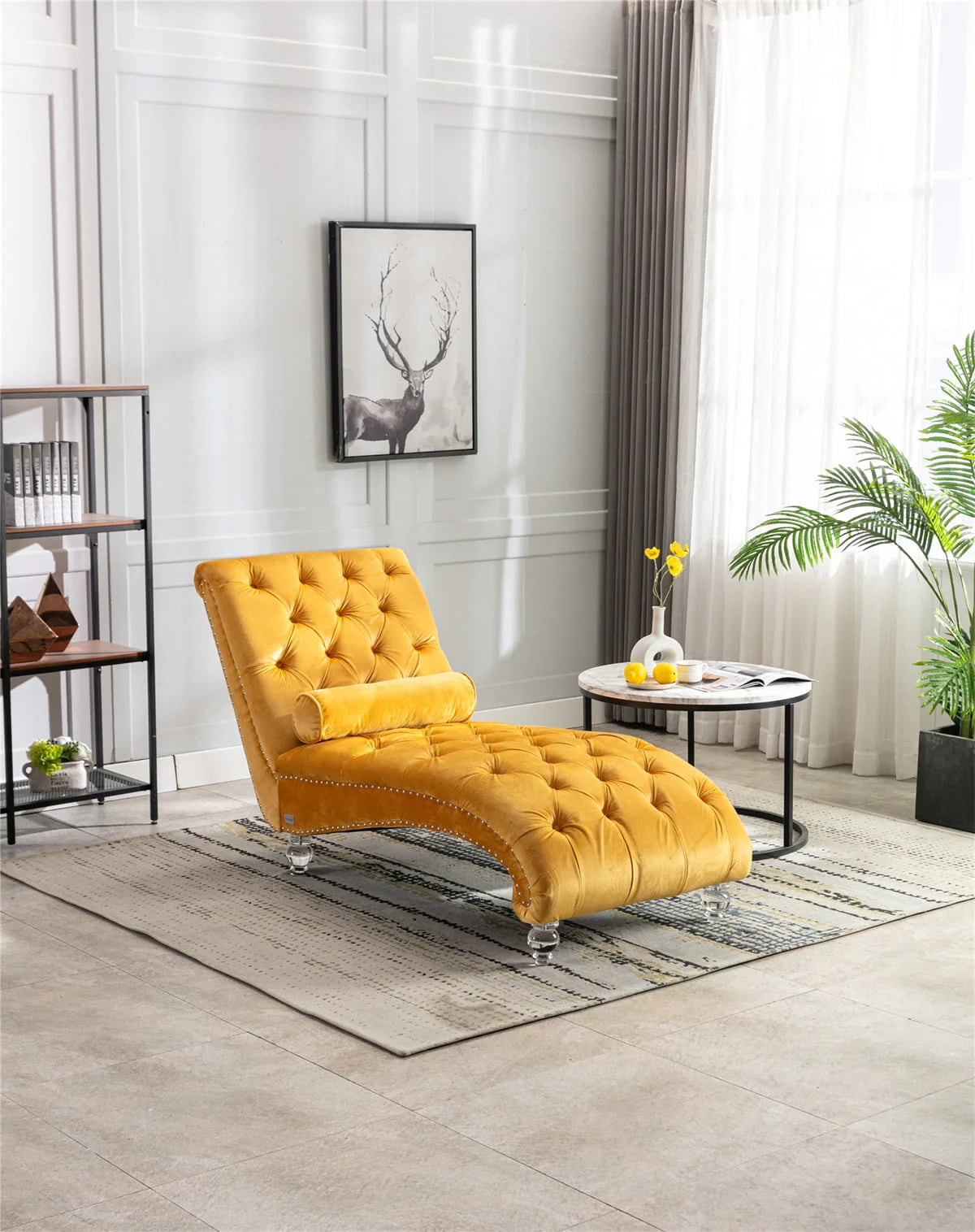 Velvet Chaise Lounge Chair, Modern Button Tufted Lounge Chair with Acrylic Legs and Nailhead Trim, Upholstered Sleeper Chair with Toss Pillow for Living Room Bedroom, Purple