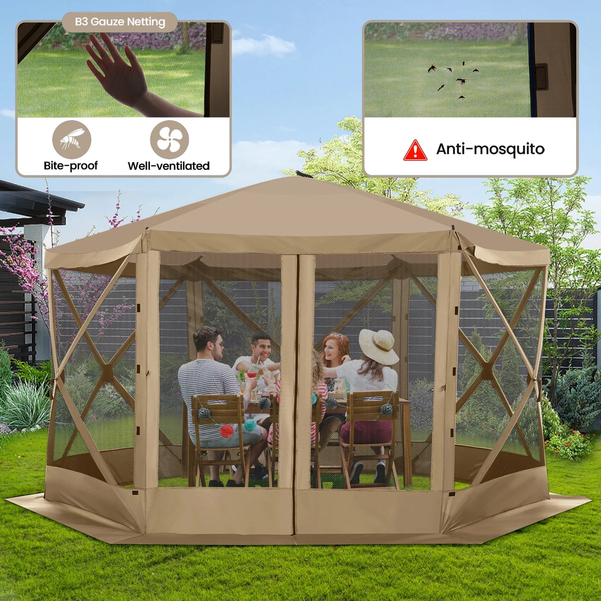 SANOPY 12'x12' Gazebo Outdoor Pop up Gazebo Screen Tent with 6 Sides Mosquito Netting Camping Gazebo Instant Shelter Glamping Tent with Carry bag, Ground Spike, Gray