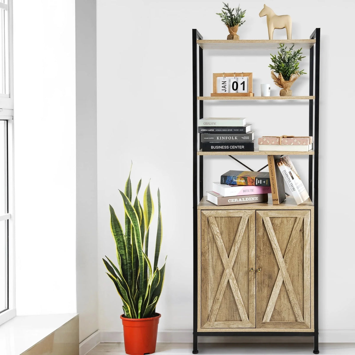MONVANE Farmhouse Bookshelf and Bookcase with Doors, Crosshatch Design, 4 Shelves, Light Grey