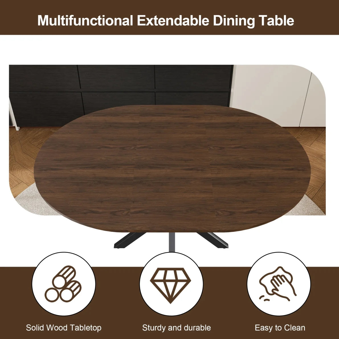 42"-59" Extendable Dining Table, Farmhouse Oval Kitchen Table with Removable Leaves and Metal Legs Support for Living Room, Walnut