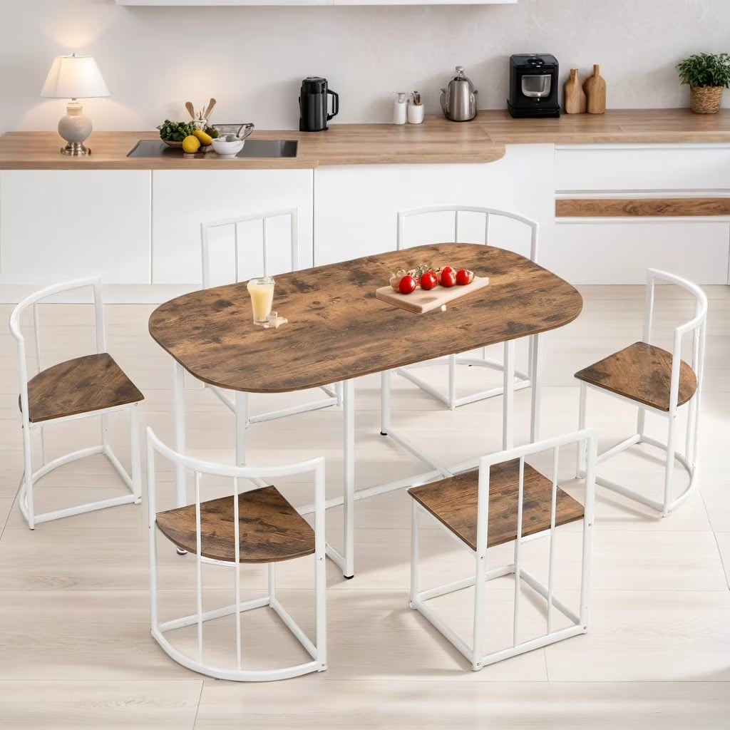 7-Piece Dining Table Set with 6Stools - Industrial Compact Kitchen Table & Chairs Sets, Space-Saving Design for Apartment, Small Space, Breakfast Nook