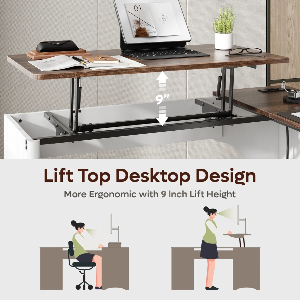 Bestier 55" L-shaped Computer PC Desk Lift Top with Power Outlets Storage Drawers and Monitor Stand, Log