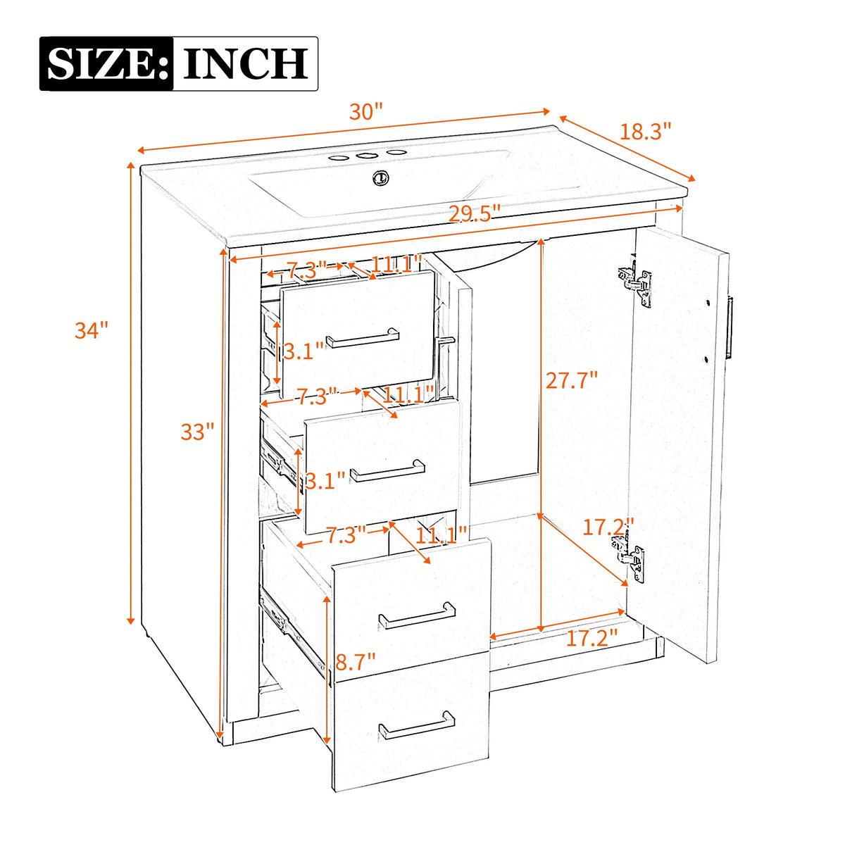 ENSHUI 30-Inch Bathroom Vanity with Ceramic Sink Combo, Solid Wood Frame, 4 Drawers, Soft Closing Doors, Green