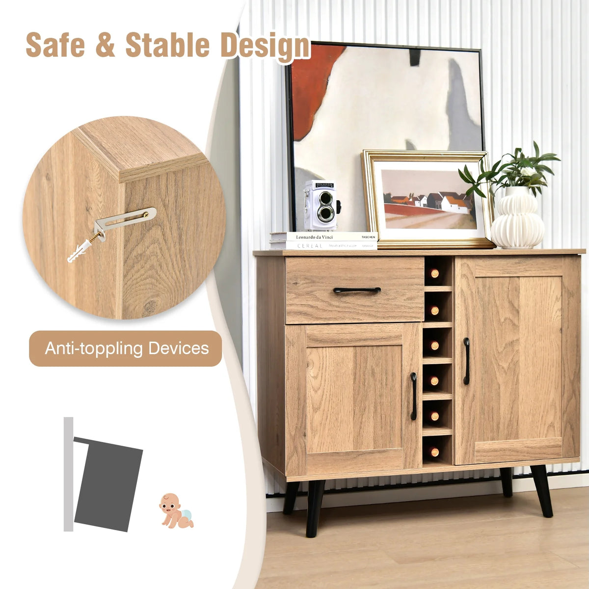 Costway 2-Door Wine Bar Cabinet Kitchen Sideboard Buffet with Drawer & Adjustable Shelves Natural
